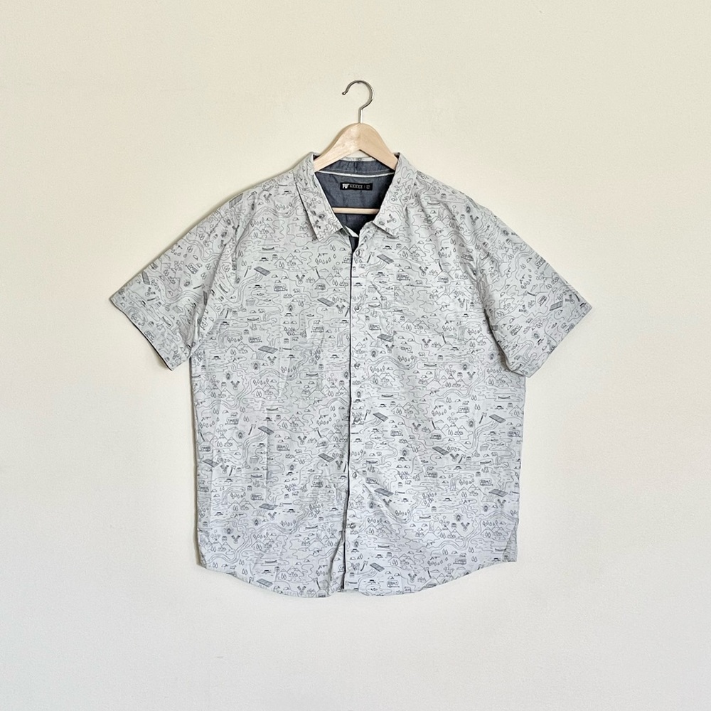 NEW RF Brand Camping Outdoor Print Gray Button Down Shirt Men’s size XXL